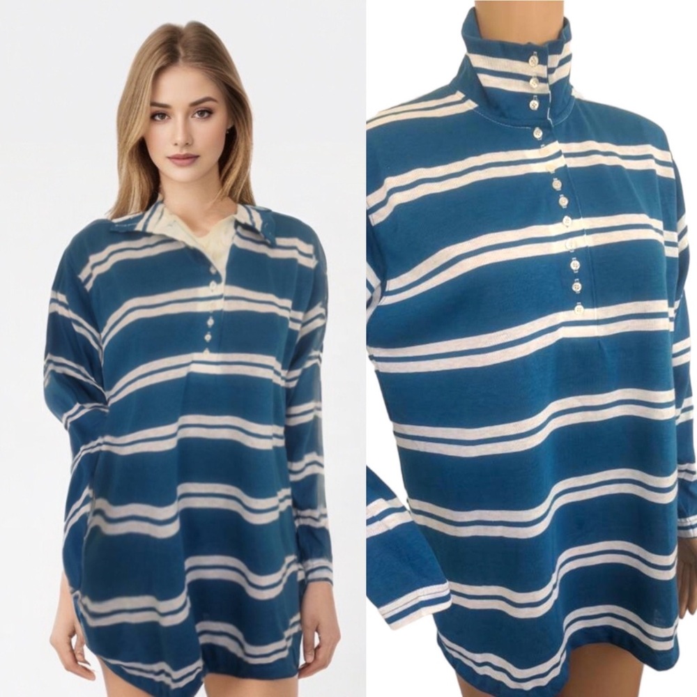 80s Blue White Striped Casual Top Long Sleeve Chesterfield L